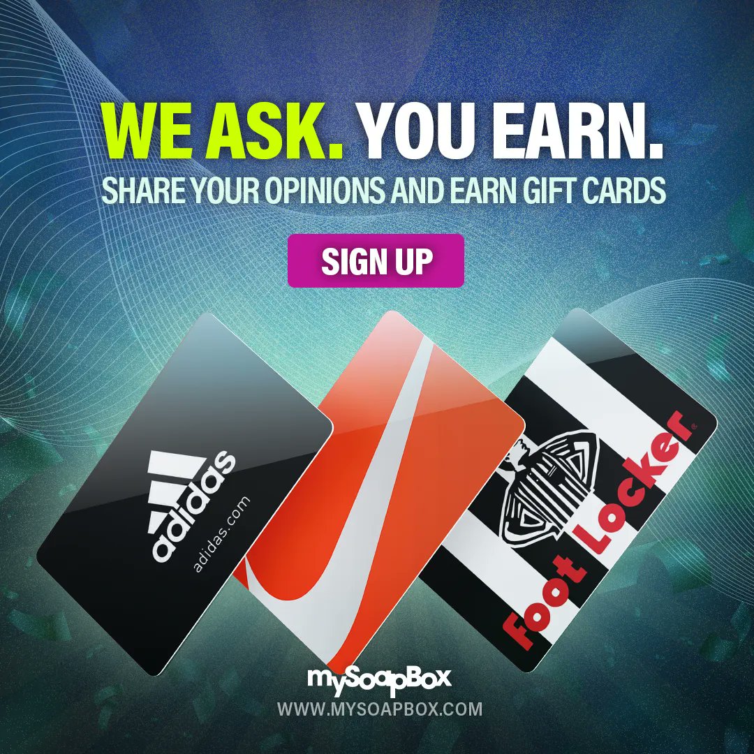 MySoapBoxPanel's tweet image. Looking for a pair of new kicks?

We&apos;ve got you covered! Use your #MSBPoints one of these popular shoe stores: #Adidas, #Nike, and even #Footlocker! 

#surveys #mysoapbox #giftcards #earngiftcards #earnmoney