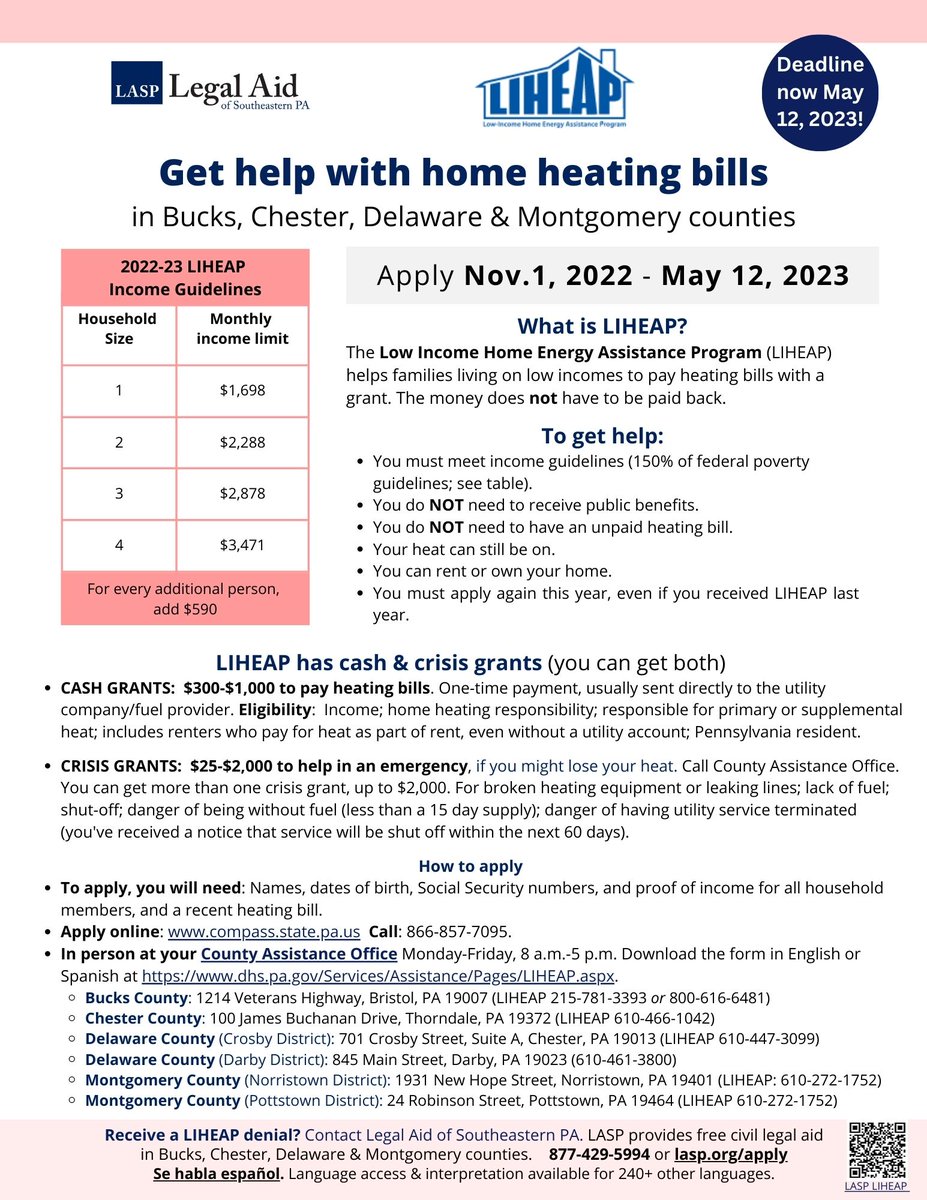 LIHEAP application deadline extended! Apply by Friday, May 12, 2023.

Homeowners and renters can get help with winter heating bills. lasp.org/news