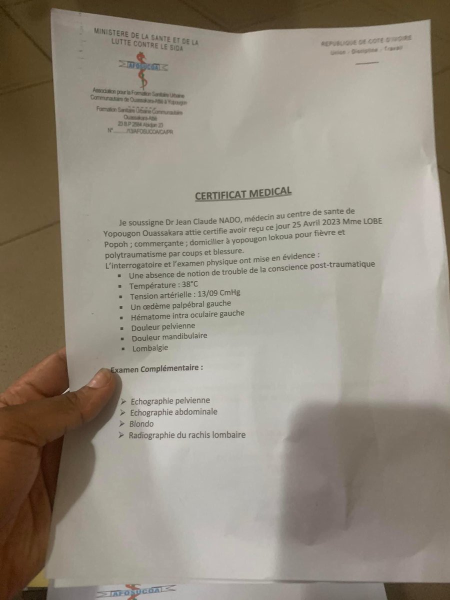 Marie Ange Lobe, dans un post sur son profil Facebook annonce avoir été battue par son conjoint le 25 avril 2023, Après avoir déposé une une plainte à la Brigade de Gendarmerie de Yopougon Nord pour violence conjugale, "les  Gendarmes en charge de l’affaire lui aurait demandé de
