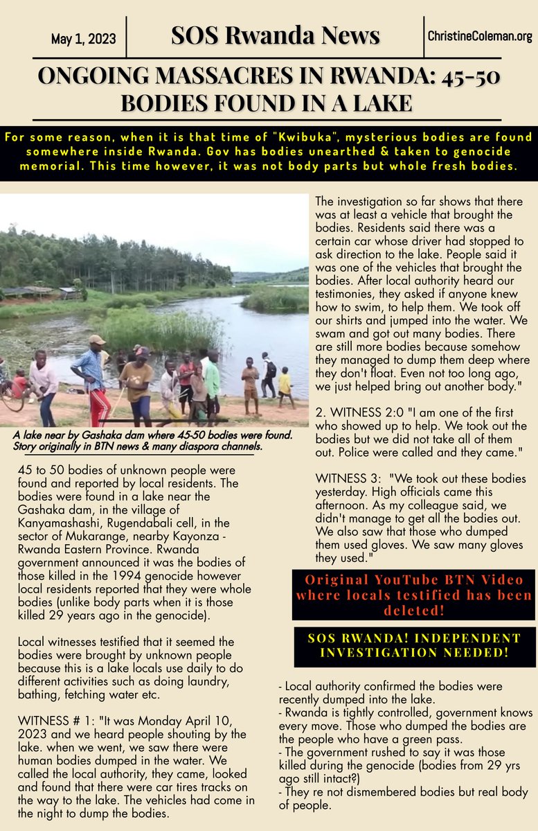 RevColeman's tweet photo. ONGOING MASSACRES IN RWANDA: 45-50 BODIES FOUND IN A LAKE. #Rwandagov says it's from 1994 #Genocide. Locals testify bodies were brought & dumped by vehicles into lake. Original YouTube video with residents testimony has been deleted but will be posted in comments. #SOSRwanda.
KAGAME LOCKED UP INDEPENDENT JOURNALISTS IN RWANDA PRISONS BUT GOD HAS RAISED JOURNALISTS IN DIASPORA WHO WILL CONTINUE TO BE A VOICE FOR THE OPPRESSED RWANDANS!