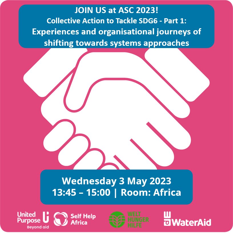 Planning your agenda for #allsystemsconnect2023 ? Don’t miss our session (<a href="/wateraid/">WaterAid</a>) with <a href="/Welthungerhilfe/">Welthungerhilfe (WHH)</a> and <a href="/selfhelpafrica/">Self Help Africa</a>/<a href="/UnitedPurpose/">United Purpose</a> about our organisational journeys towards systems strengthening! Wednesday - 13:45-15:00 - Africa. @WASHstrong #ASC2023