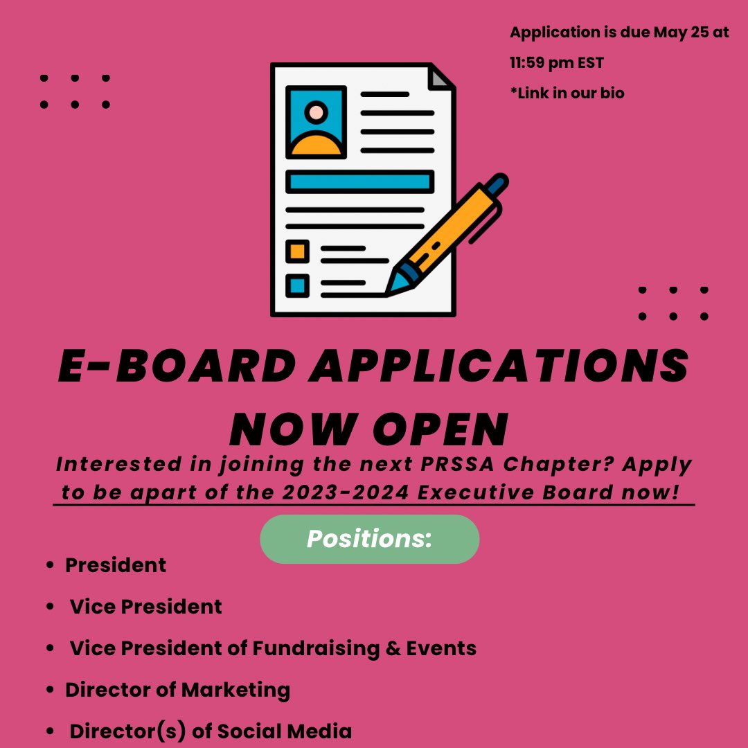 E-Board applications for the 2023-2024 school year are now open! We’re looking to fill all of our current roles. Visit the link in our bio to fill out the application. 

*All applications are due on May 25, at 11:59 p.m. EST! 

#PRSSA #IUPUI #PublicRelations #GoJags #PRSA
