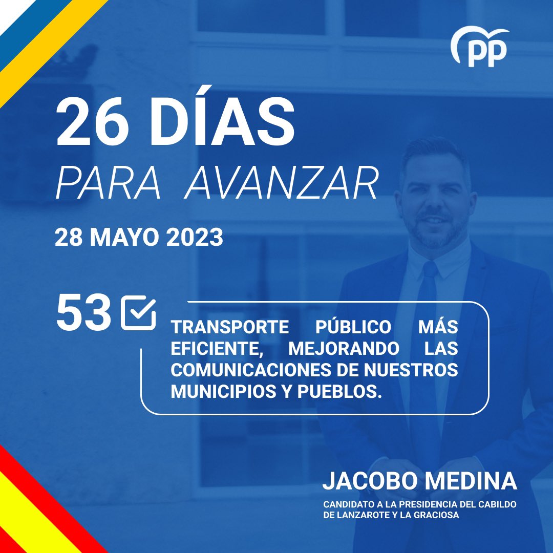 jacobo_medina's tweet photo. 🔵 Propuesta número 53 🔵🔵

Transporte público más eficiente, mejorando las comunicaciones de nuestros municipios y pueblos. ✅

#JacoboMedina2023

#politicalanzarote #partidopopularlanzarote https://t.co/mEwS5Mp9Ks
