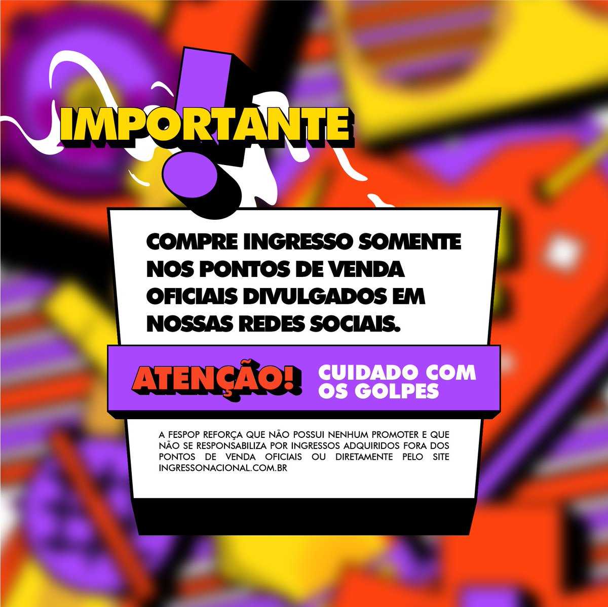 ALERTA!

Estamos recebendo relatos de fraudes envolvendo falsificações de ingressos da FESPOP FESTIVAL 2023.

Informamos que o festival não se responsabiliza por ingressos adquiridos fora dos pontos oficiais!

Venda de ingressos somente em fespop.com.br
