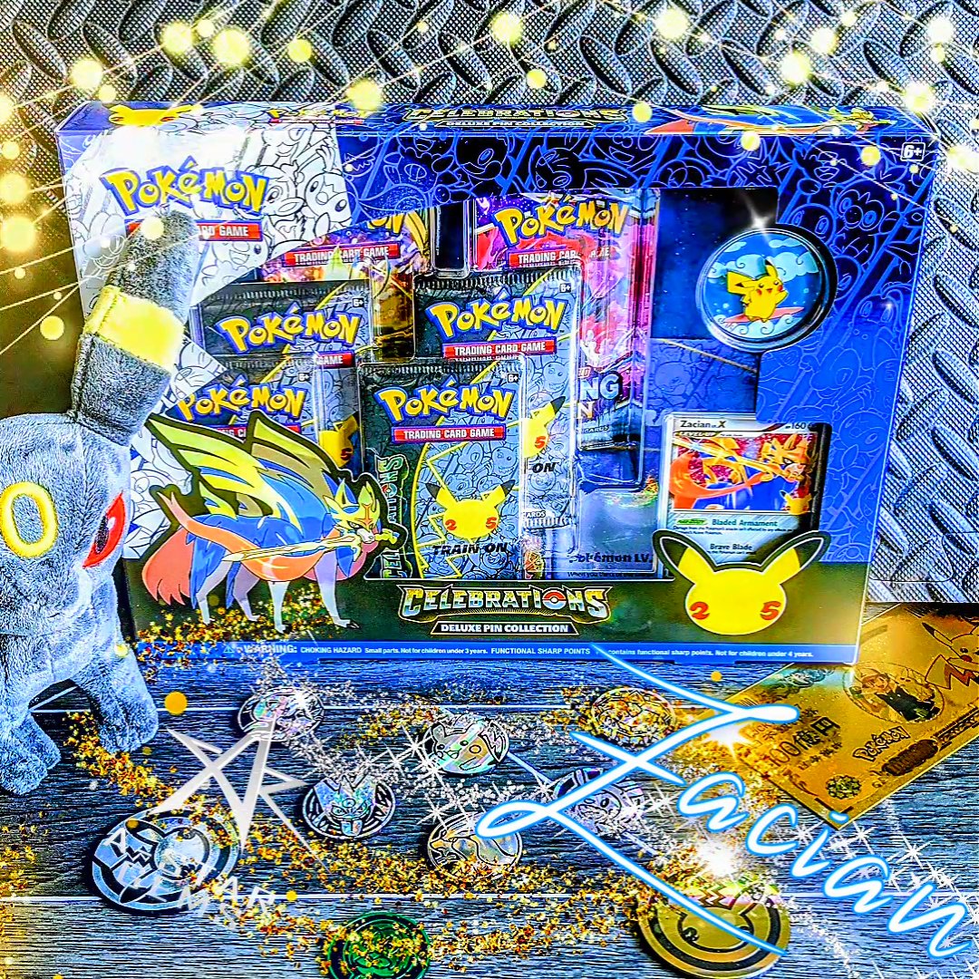 astar_gems's tweet photo. 🎉 Celebrations: Zacian LV.X ⚔️ Deluxe Pin Collection Box 🎇

Comes with - Zacian LV.X promo card, 4x Celebrations , 1 Chilling Reign, 1 Vivid Voltage &amp; an Enamel Dual Surfing/FlyingPikachu Pin #Pokemon
#Zacian #celebrations https://t.co/7ZB7b8eRXd