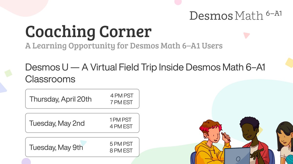 You have asked to see video of teachers teaching w/Desmos Math 6-A1. We will deliver, tomorrow 5/2/23 @ 1p.m. PST,  as we take a virtual field trip 📹inside classrooms to celebrate 🎉 a year of powerful math learning. @desmosclassroom   Register today: learn.desmos.com/coaching-corne…