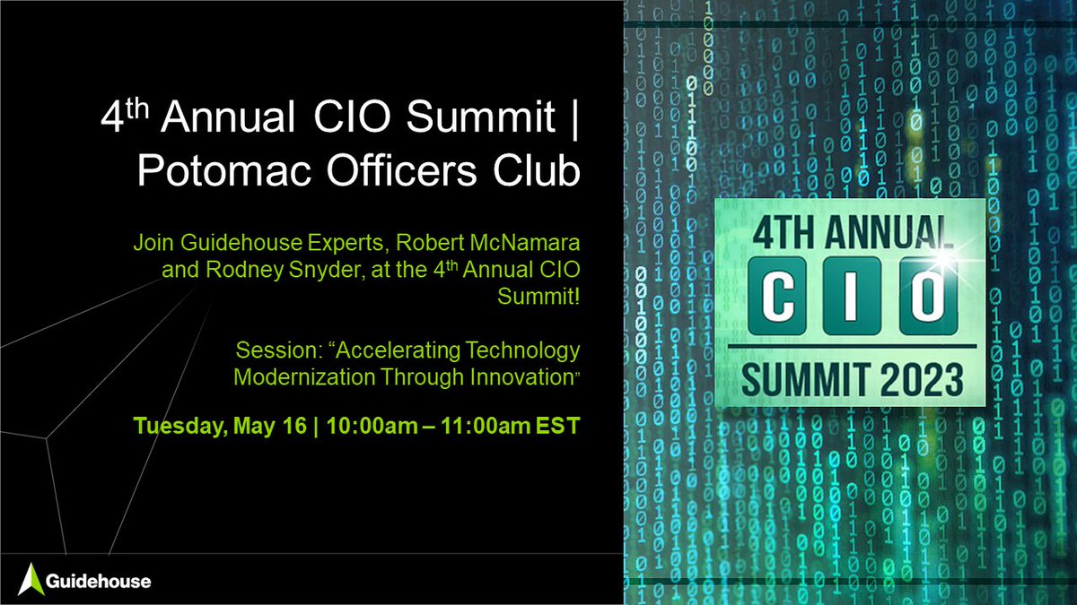 Join #GuidehouseExperts Robert McNamara and Rodney Snyder at the @PotomacOfficers Club’s 4th Annual #CIOSummit on May 16th! 
guidehouse.com/events/2023/05… 
#TechnologyModernization #Innovation #ITStrategy #ITModernization #CIO