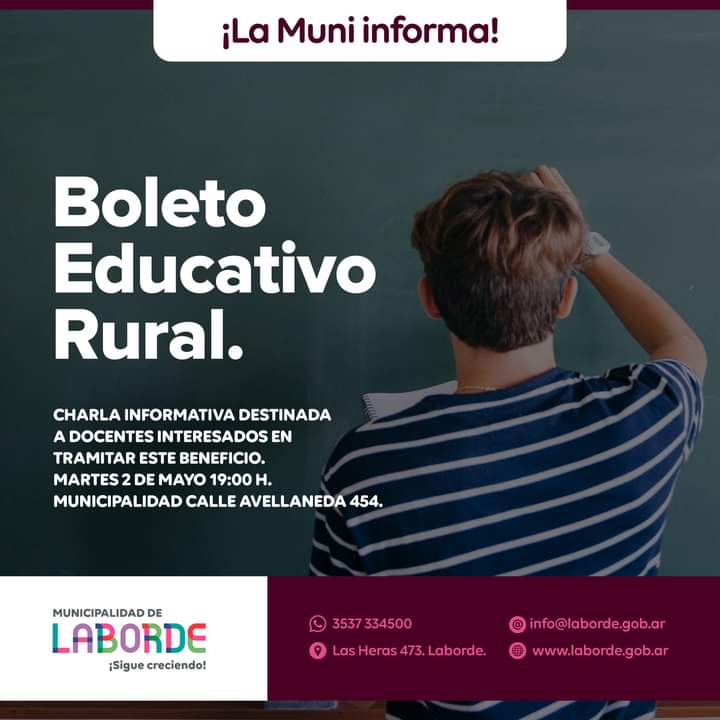 munilaborde's tweet photo. BOLETO EDUCATIVO RURAL
"Charla informativa".

La municipalidad invita a la charla informativa destinada a todos los docentes que estén interesados en tramitar este beneficio.

🗓 - Martes 2 de Mayo
⏰ - 19:00 h.
📍 - Edificio municipal de calle Avellaneda 454.

#LabordeSigue https://t.co/tSmcnwFOwP