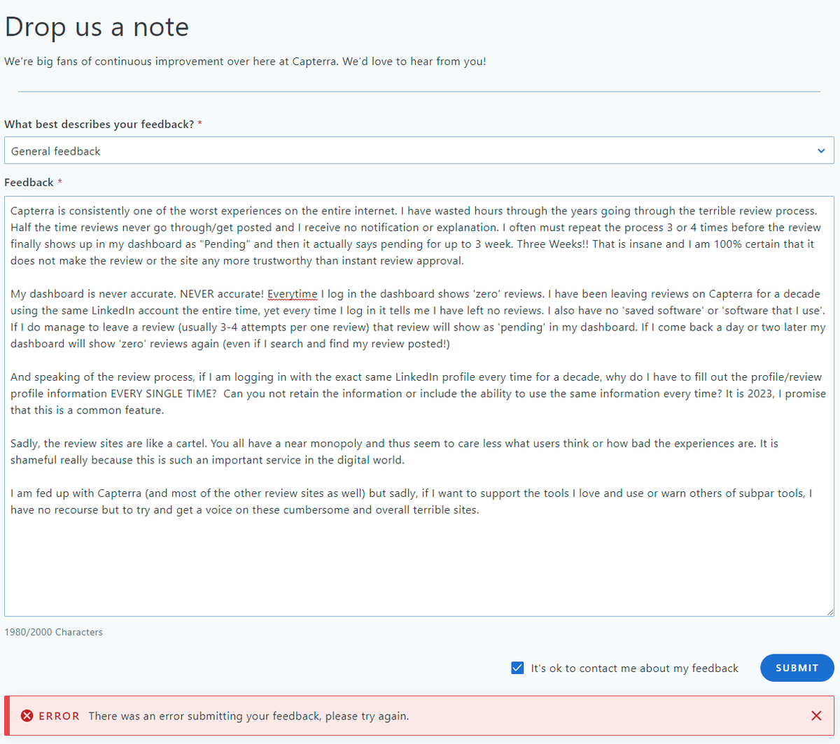just_S's tweet image. Oh the irony! Only laughable at this point. Open to feedback, huh, @Capterra Fans of improvement, huh? Love to hear from us . . . as long as we &quot;try again&quot; and again and again. . . #terribleux