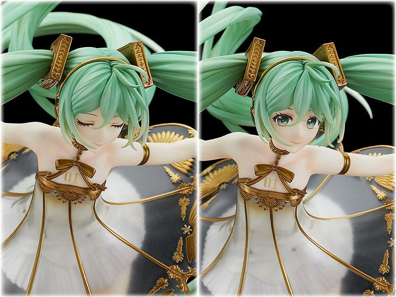 gashapons's tweet photo. Hatsune Miku fans, get ready to add another gem to your collection! The upcoming scale figure from the Symphony 2020 concert is an absolute masterpiece, featuring Miku's stunning gramophone dress with intricate details and a cute smiling face option. https://t.co/s2orfmf7Fu