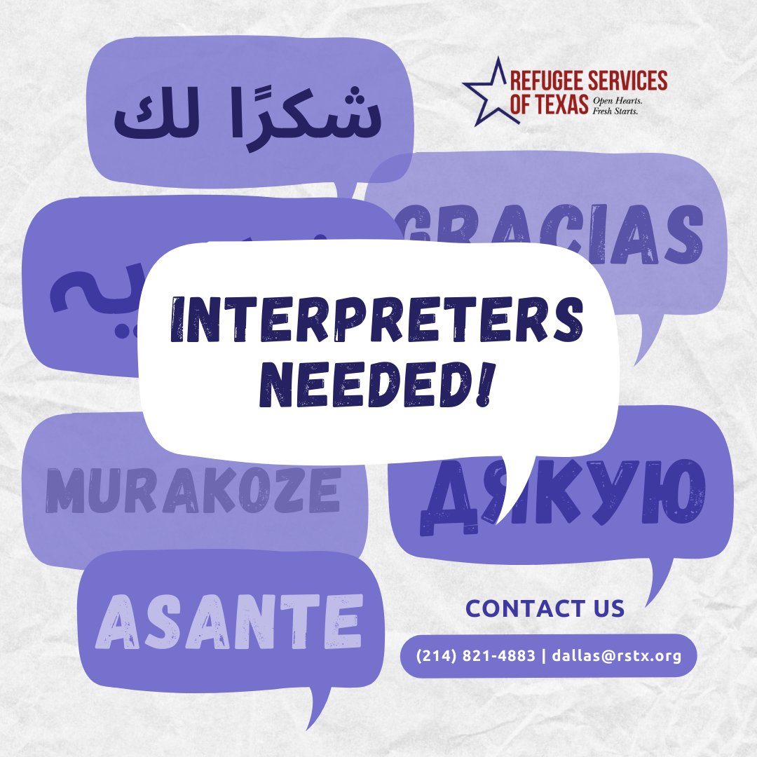 RST - Dallas is in need of interpreters! If you are interested and would like to be compensated for your interpretation services, please reach out to our office by phone or email. Thank you!

Contact us:
☆ dallas@rstx.org
☆ (214) 821-4883