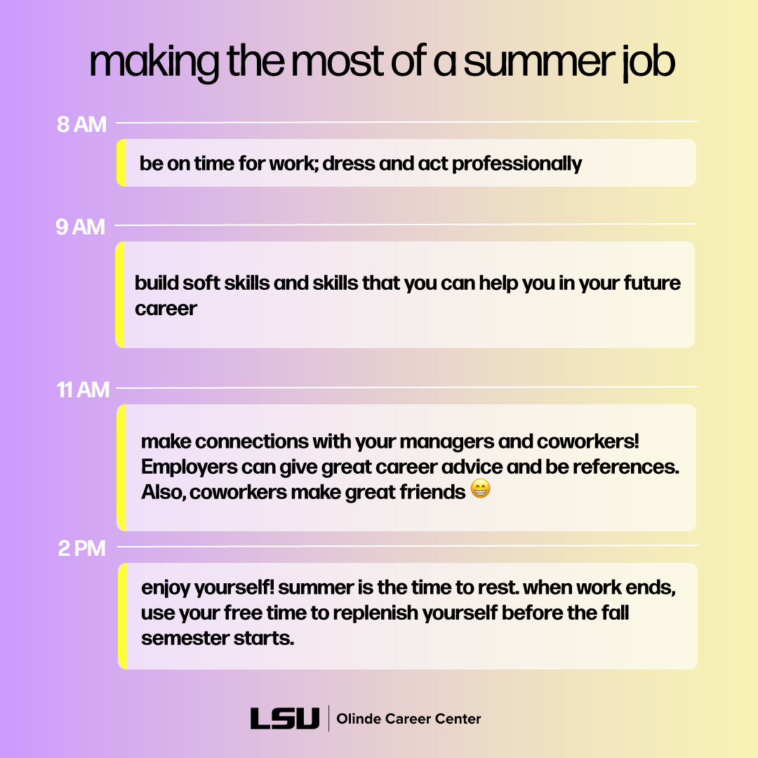 Don't underestimate summer jobs ☀️

They're great for building soft skills and creating your professional network!

If you're working this summer, have fun but don't forget about your career 😎