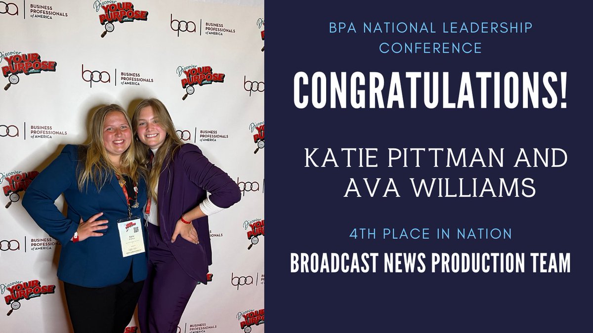CONGRATS to BVSW BPA (Business Professionals of America) members Katie Pittman and Ava Williams for placing 4th in the nation at BPA Nationals in Anaheim, CA!!! We are SO PROUD of you!