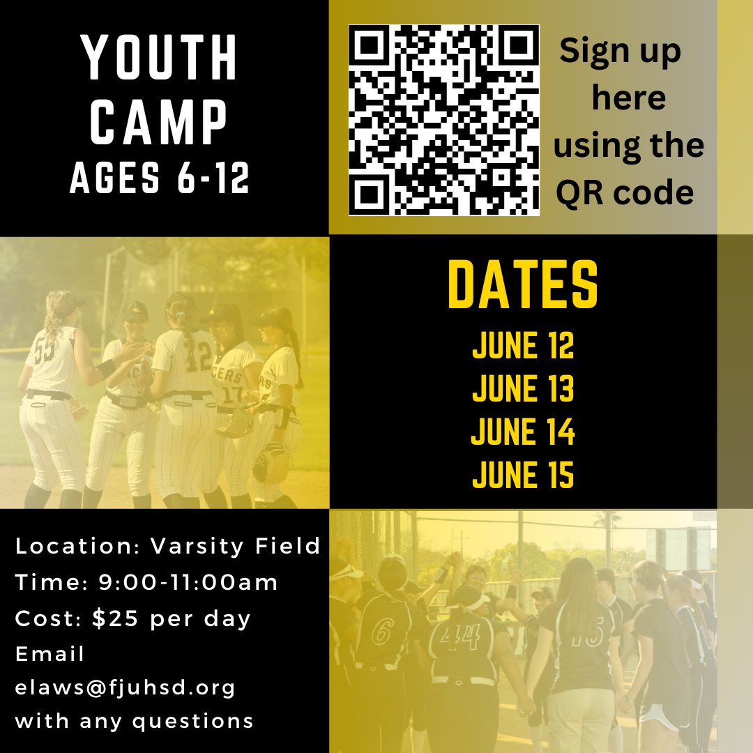 SoftballSunny's tweet photo. We are really excited for our youth camp ages 6-12 and our prospect camp grades 6-8!!! Use the QR code to sign up or email Coach Laws for the Google form link. @SunnyHillsAD @SunnyHillsAD @fjuhsd https://t.co/CSLNgEeYlk