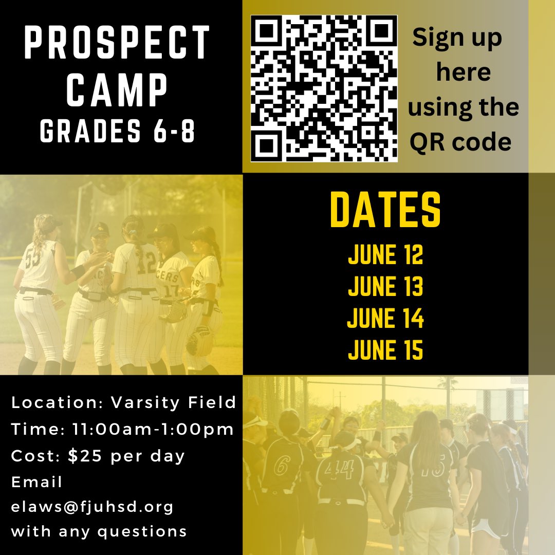 SoftballSunny's tweet photo. We are really excited for our youth camp ages 6-12 and our prospect camp grades 6-8!!! Use the QR code to sign up or email Coach Laws for the Google form link. @SunnyHillsAD @SunnyHillsAD @fjuhsd https://t.co/CSLNgEeYlk