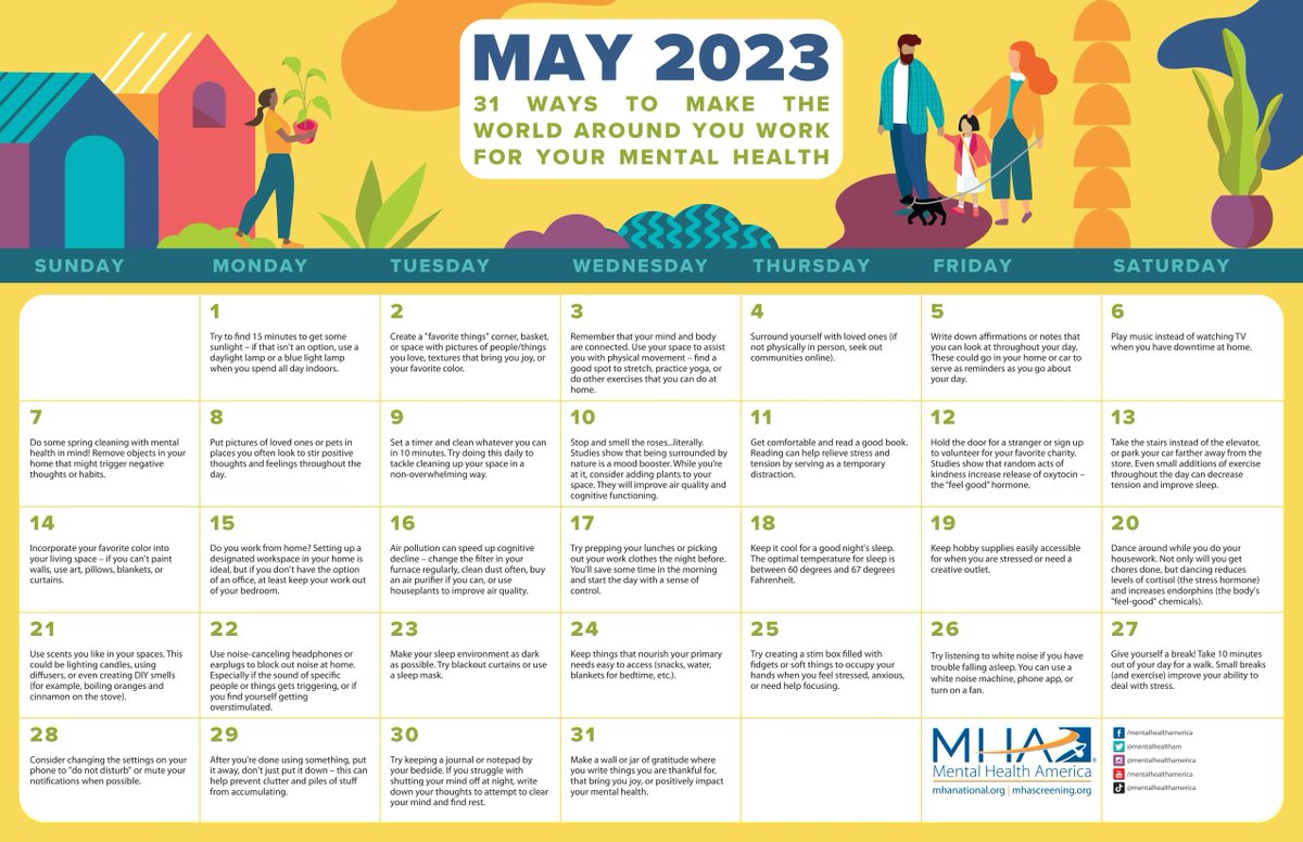MentalHealthAm's tweet image. Looking for creative ways to stay engaged throughout #MentalHealthMonth? 🗓 Check out our printable calendar filled with ideas to make the world around you work for your #mentalhealth—just one of many resources you can find at mhanational.org/may.