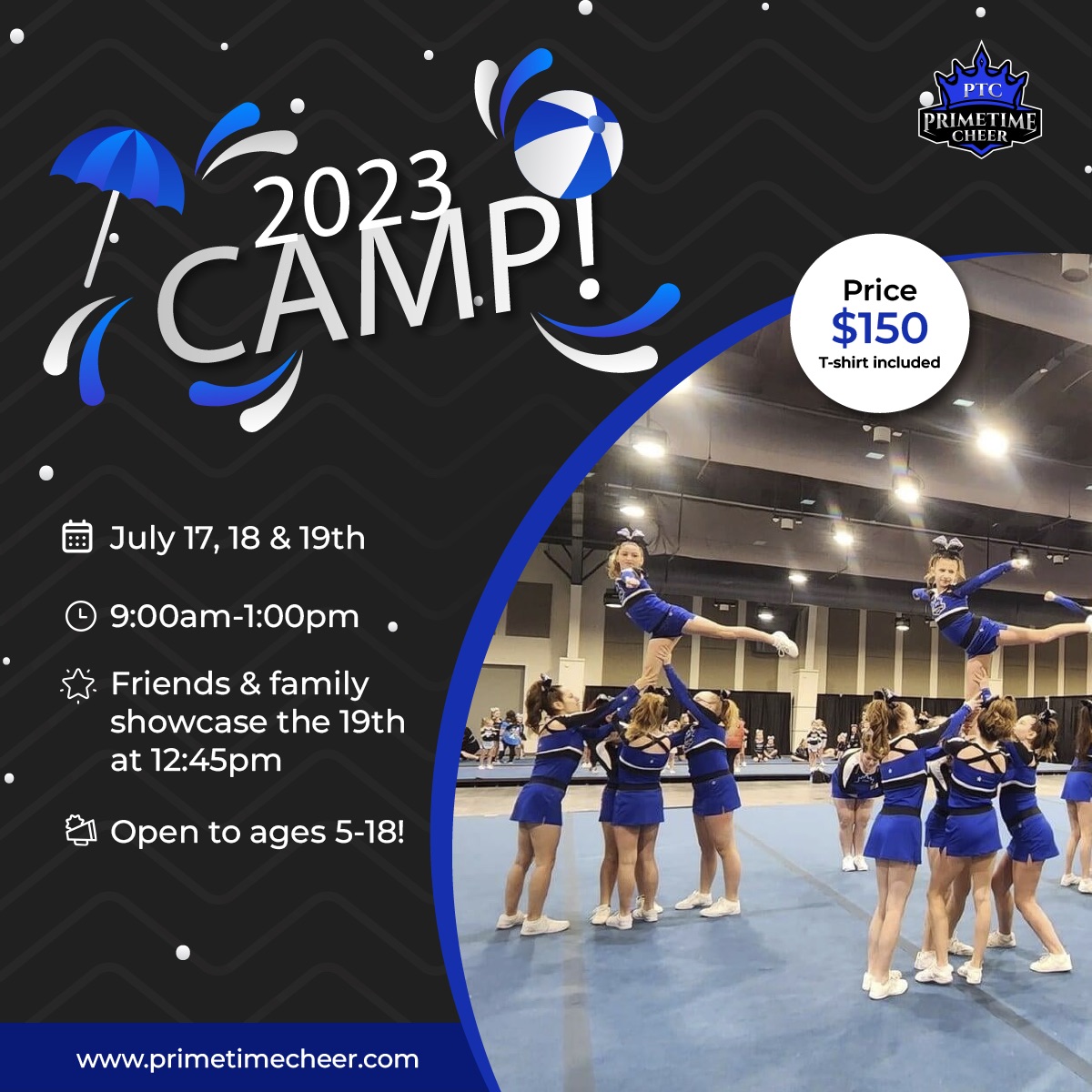 Primetimecheer_'s tweet photo. Join us for our annual summer cheer camp! 

July 17-19th from 9:00am-1:00pm!
Open to ages 5 &amp; up!

Come stunt, jump, tumble &amp; dance! 

Friends &amp; family routine show offs at 12:45pm on the 19th!

Sign up here https://t.co/ogoxBkAWl1 https://t.co/ycHft7XsmO