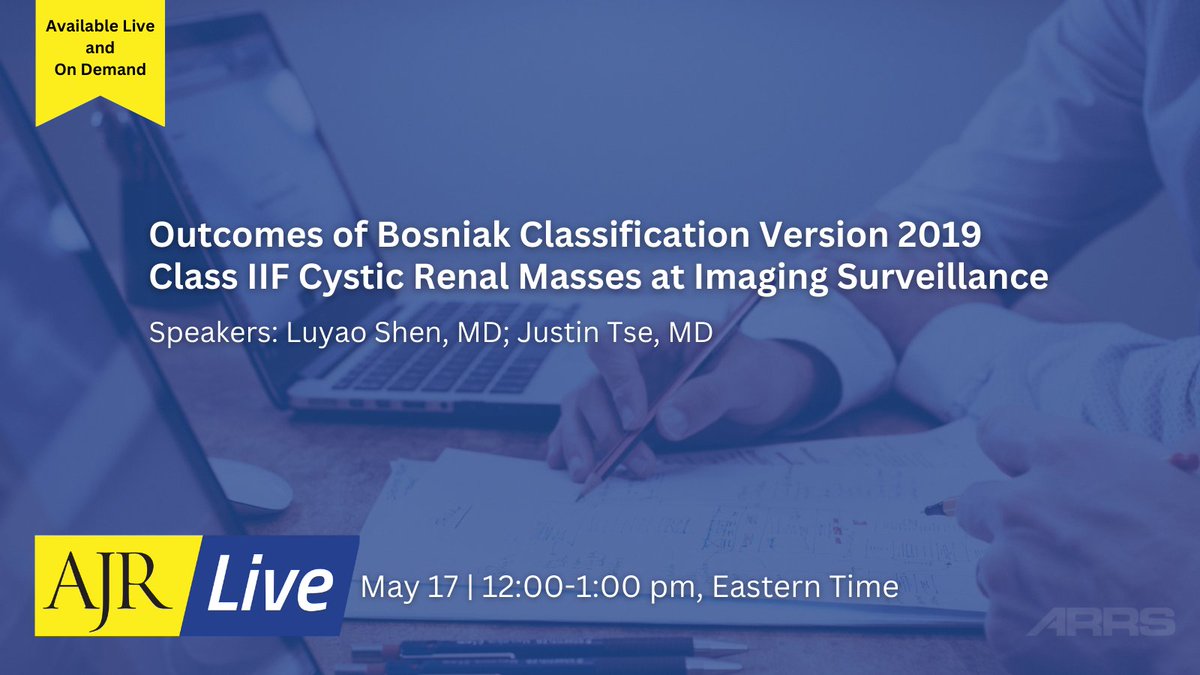 In May's AJR Live, <a href="/Luyaoshenmd/">Luyao Shen, MD</a> and <a href="/justintsemd/">justintse</a> will discuss the temporal evolution of Bosniak v2019 class IIF cystic renal masses, with attention to outcomes at 6-month follow-up, the time to class upgrade, and malignant histologic diagnoses. 

arrs.org/ARRSLIVE/AJR/a…