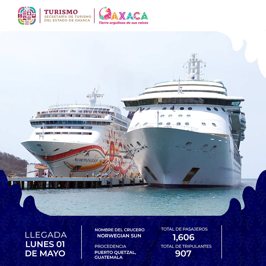 El segundo crucero de este día llega a #Huatulco, con procedencia Puerto Quetzal, Guatemala, hace escala “Norwegian Sun” con 1,606 pasajeros y 907 tripulantes a bordo.

¡Bienvenidos cruceristas a la Costa de #Oaxaca!

#TierraOrgullosaDeSusRaíces 
#TurismoDeCruceros