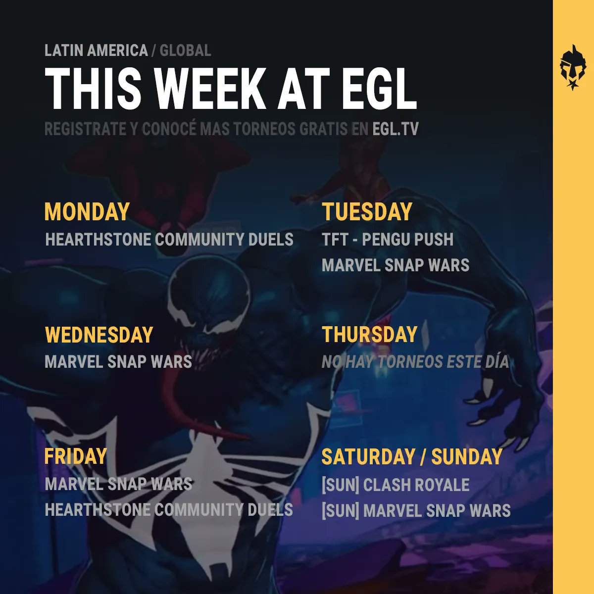 Feliz Lunes y Día del trabajor 👏 Acá les dejamos la programación de la semana para que se animen a competir en todas las disciplinas y a conocer nuevos jugadores! 

egl.tv 

Será que pronto vendrán juegos nuevos? 🤔
