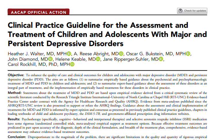 Clinical Practice Guideline for the Assessment and Treatment of Children and Adolescents With Major and Persistent Depressive Disorders. #JAACAP #mentalhealth #AACAP <a href="/AACAP/">American Academy of Child & Adolescent Psychiatry</a>

jaacap.org/article/S0890-…