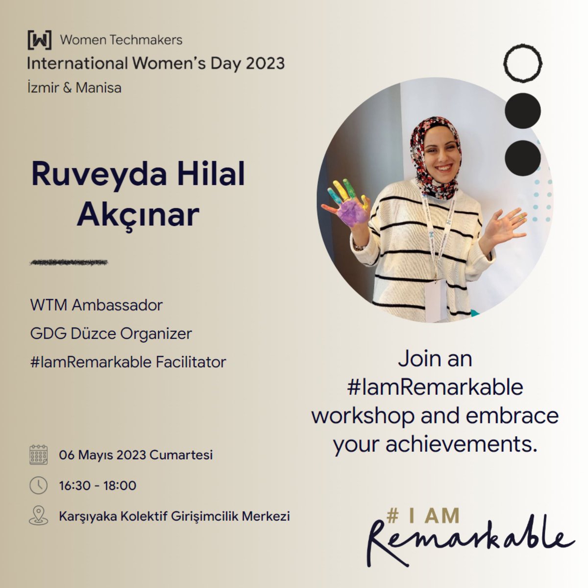 WTM Ambassador, GDG Düzce organizatörü olan <a href="/RuveydaAkcinar/">Ruveyda Hilal AKÇINAR</a> , #IAmRemarkable atölyesini gerçekleştirmek üzere bize katılacak🤩Siz de farkındalığınızı arttırıp yeteneklerinizi keşfetmek istiyorsanız atölyeye özel formdan yerinizi ayırtmayı unutmayın!👉 bit.ly/iamremerkable