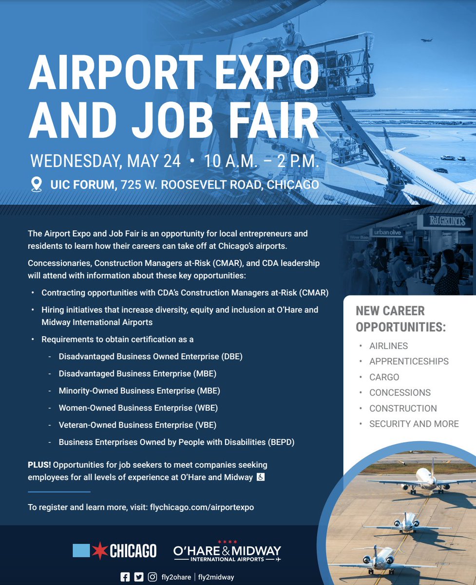 Join CDA for their semi-annual Airport Expo and Job Fair, located at 725 W. Roosevelt Road, from 10AM - 2PM on Wednesday, May 24, 2023. Entrepreneurs will have exclusive access to critical workshops. To register, visit bit.ly/3oP3FWq.