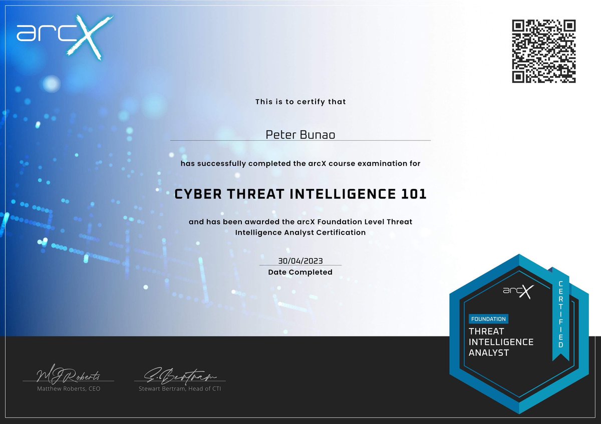 _PeterBunao's tweet image. 2 days ago, I have received the arcX Foundation Level Threat Intelligence Analyst Certification after successfully completing the examination for the CTI 101 course. 

It&apos;s FREE! Enroll now: arcx.io/courses/cyber-…

#cybersecurity #certification