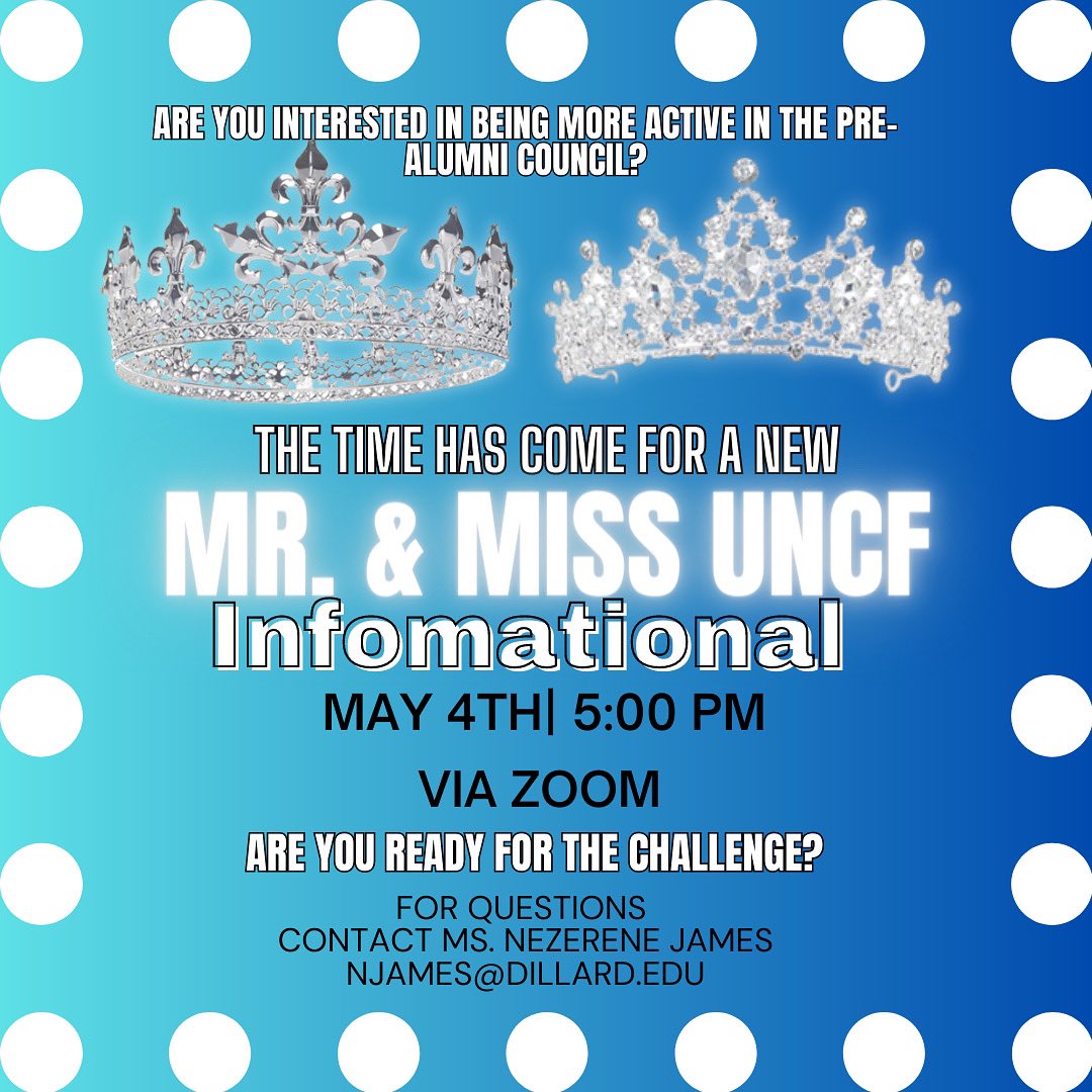 DUPAC17's tweet photo. Do you have what it takes to uphold the crown for Mr. And Miss United Negro College Fund? 👑

‼️Informational will be held Thursday, May 4th @ 5:00pm via zoom‼️ 
#mydu https://t.co/blxUQDVDFD