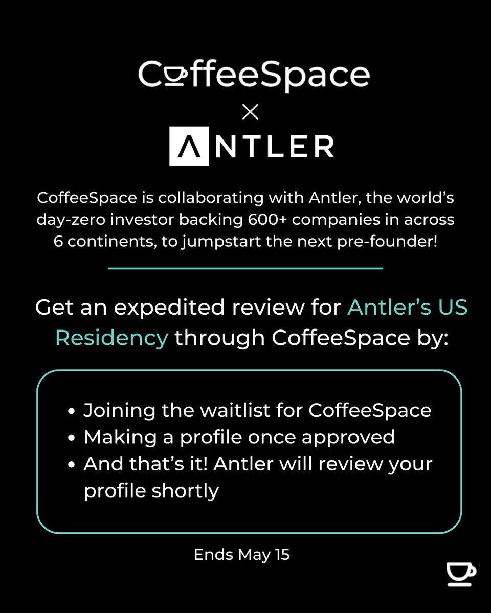 🔥 Are you thinking about building a startup?   
Join CoffeeSpace to be automatically considered for Antler’s US Residency program.  

To participate:  
✅ Join our waitlist - takes 1 minute (linktr.ee/coffeespaceapp) 
✅ Once approved, refine your profile, and Antler will review
