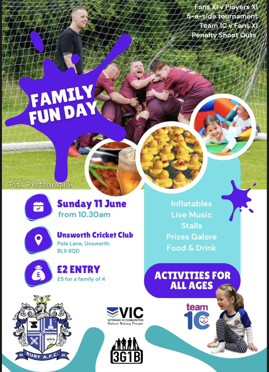The season may be over but the fun isn’t!! 👨‍👩‍👧‍👦 Join us on Sunday June 11 at Unsworth Cricket Club for our 2023 Family Fun Day. 🥳 Featuring @team_1c vs The AFC fans team, a fans vs Players XI and lots lots more. £2 entry, £5 for a family of 4. #BuryAFC #YourTown #YourTeam