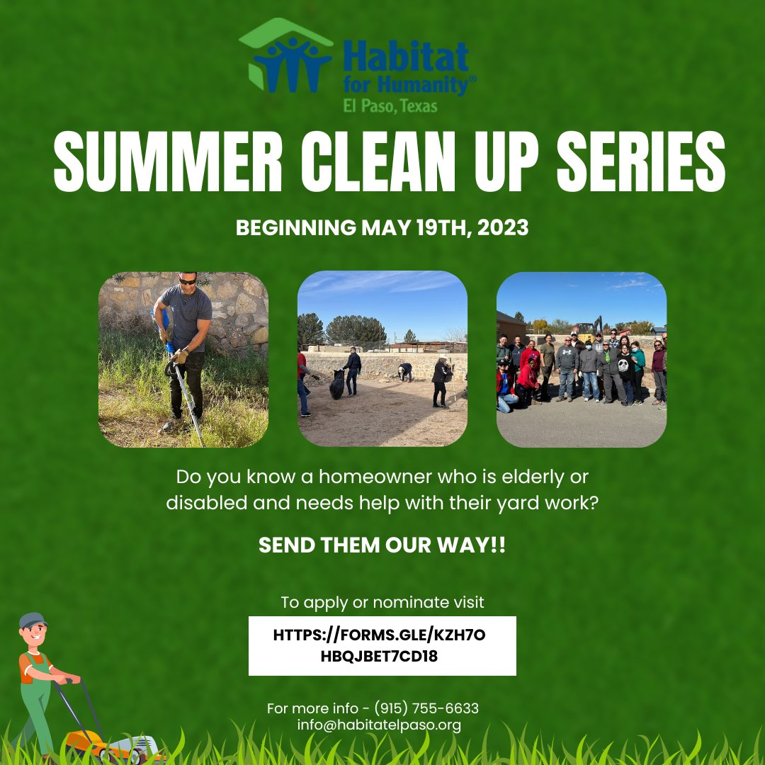 HabitatPaso's tweet photo. Are you or your loved one being overrun by weeds and messy yards?  HFHEP will be bringing our awesome army of #volunteers out to #clean the yards of our elderly or disabled neighbors! To apply visit https://t.co/tWTqQtv7ta &amp; send photos to info@habitatelpaso.org by 5/31 https://t.co/z2NhwYXAnx