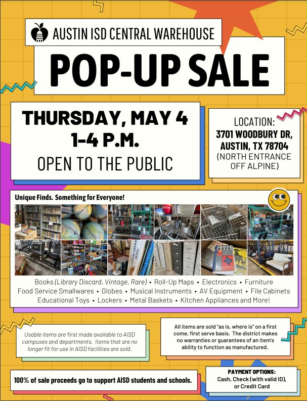 AISDwarehouse's tweet photo. It's that time people! 1-4pm both days. All proceeds support our students. @AustinISDFood @AustinISDGreen https://t.co/XZSvSMP59e