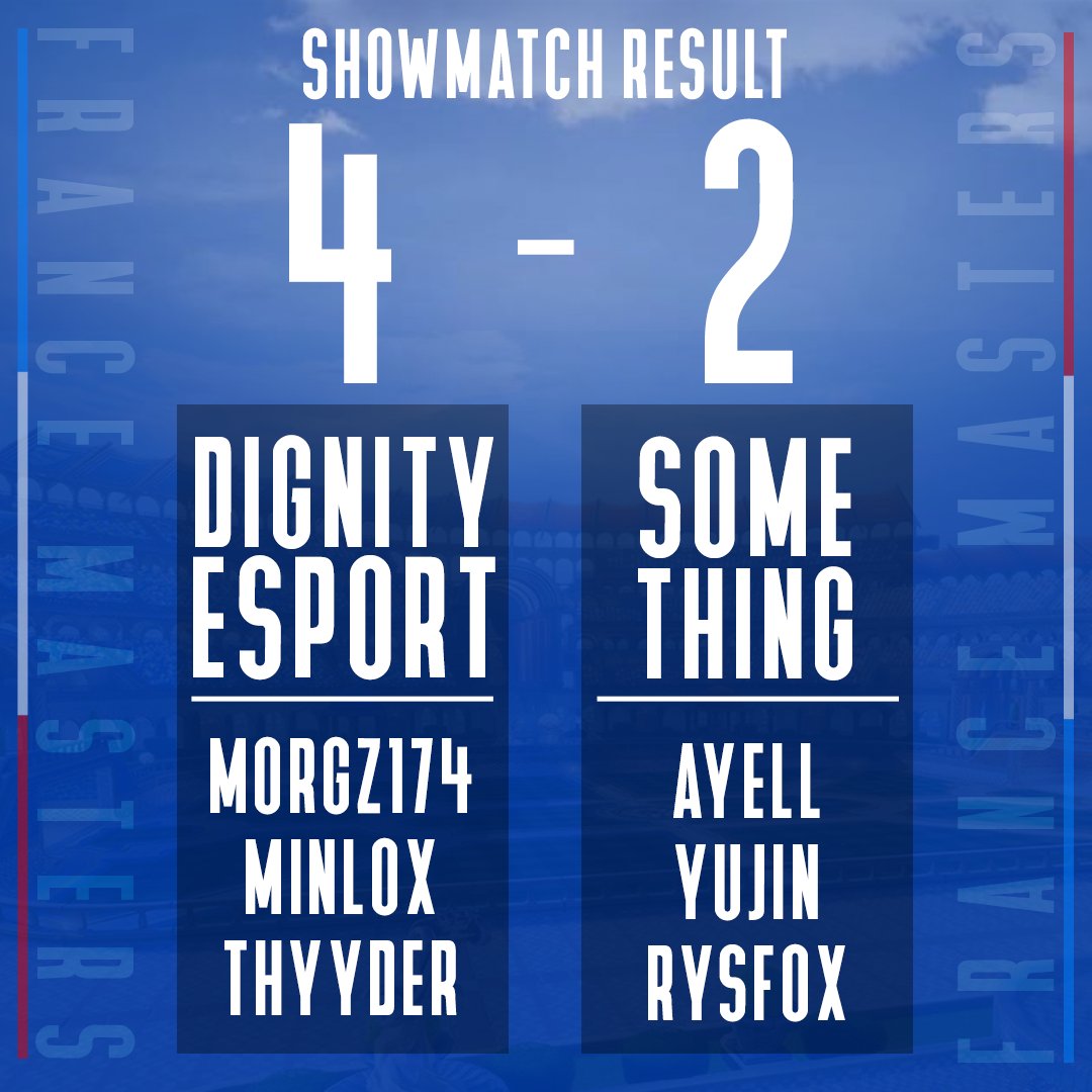 France Masters (@fmastersrl) on Twitter photo Victoire de <a href="/DignityEsport_/">Dignity Esports 🤍</a> face à #Something dans ce 1er SHOWMATCH organisé par France Master.
Chaque joueurs gagnant repars avec 15€ Victoire de <a href="/DignityEsport_/">Dignity Esports 🤍</a> face à #Something dans ce 1er SHOWMATCH organisé par France Master.
Chaque joueurs gagnant repars avec 15€