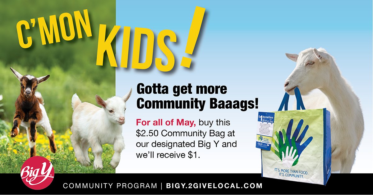 For all of May 2023, Scantic Valley YMCA - YMCA of Greater Springfield will receive $1 from every $2.50 Community Bag sold at:
Big Y 1180 Thorndike Street, Route 32, Palmer MA