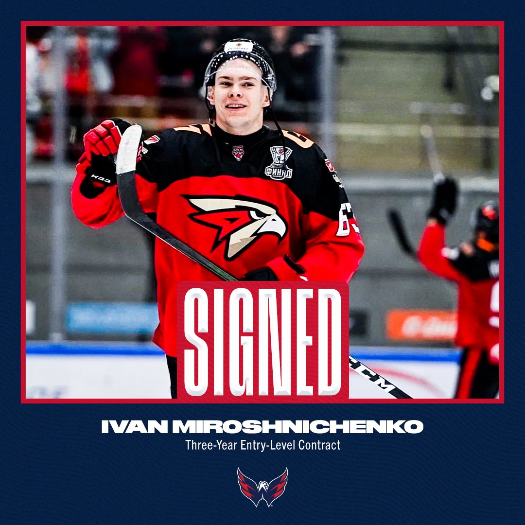 Capitals's tweet photo. NEWS | The Washington Capitals have signed forward Ivan Miroshnichenko to a three-year entry-level contract. Miroshnichenko will earn $855,000 in the NHL and $82,500 in the AHL.

#ALLCAPS