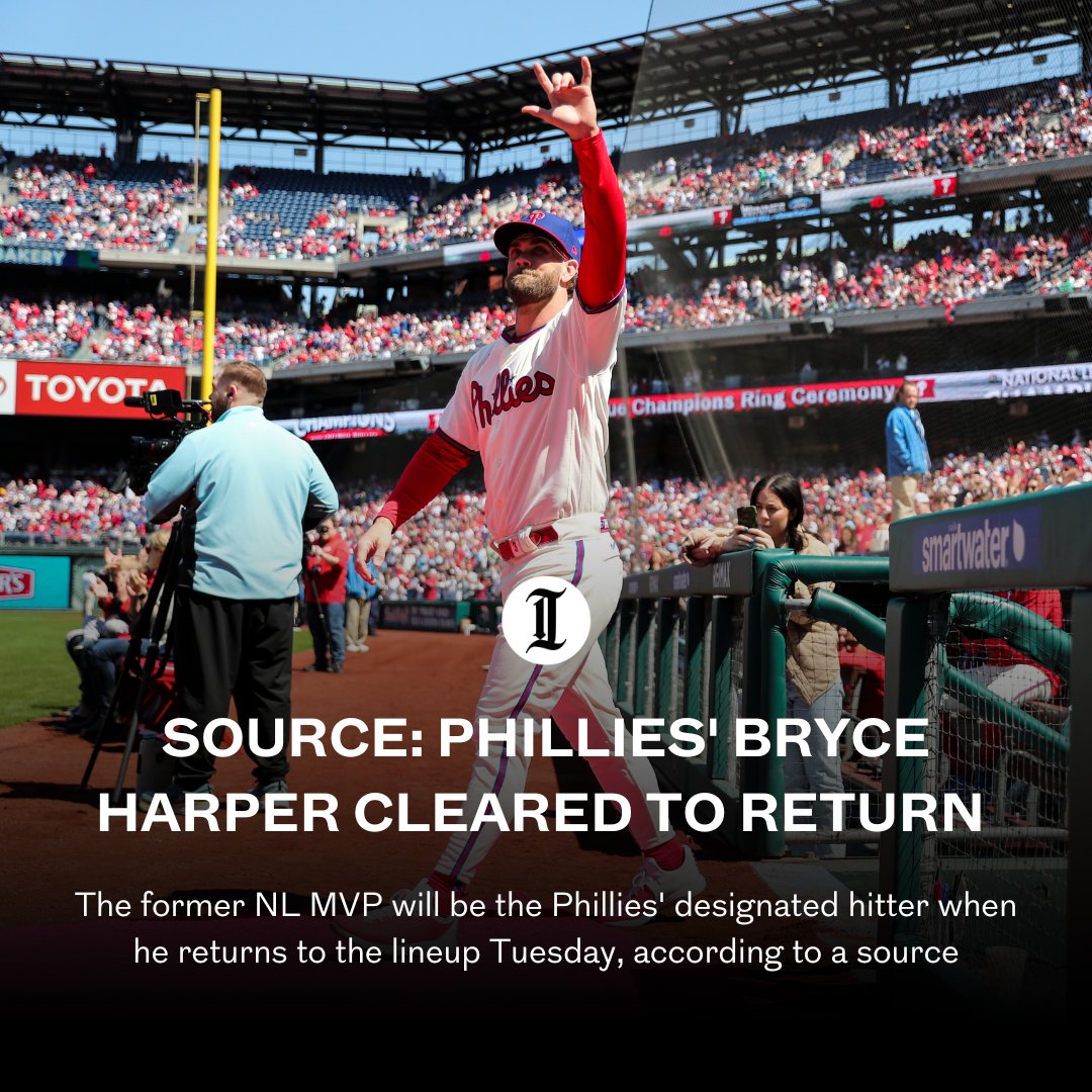 Bryce is back 👀

Harper emerged from a Monday morning doctor’s appointment in Los Angeles with clearance for game action as a DH, a source confirmed to <a href="/ScottLauber/">Scott Lauber</a>.

🔗: inquirer.com/phillies/bryce…