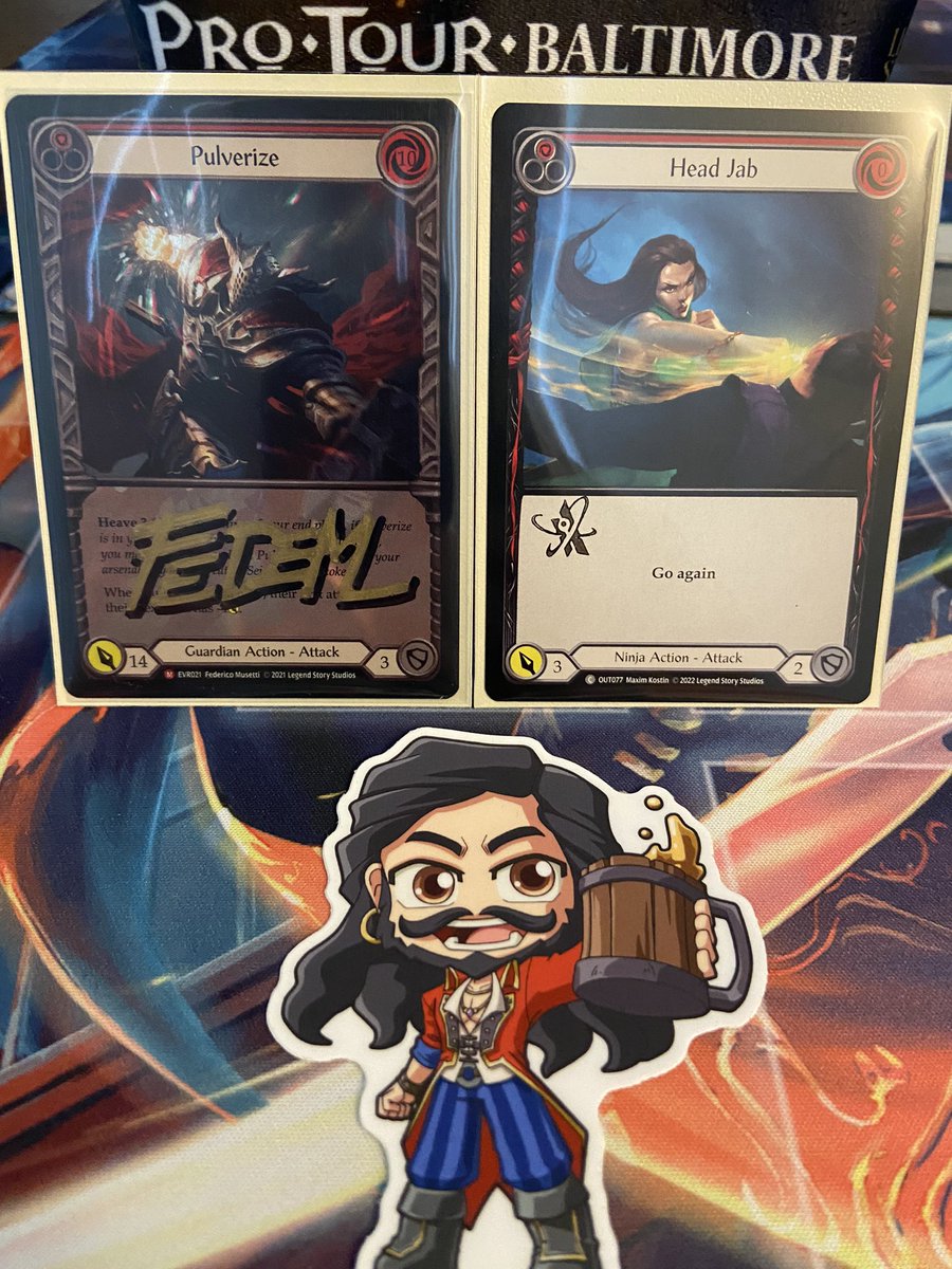 TheKentuckyMule's tweet photo. Had an amazing weekend at PT Baltimore. Managed to achieve the goal of making day 2 by heaving pulverizes and swinging kodachis. I thought I’d be tired after 3 days and 23 rounds of competitive FaB but I can’t wait for RTN season and the @TheRealmGames1 + @GSCFAB brawl #fabtcg https://t.co/pdKDhni5Qh
