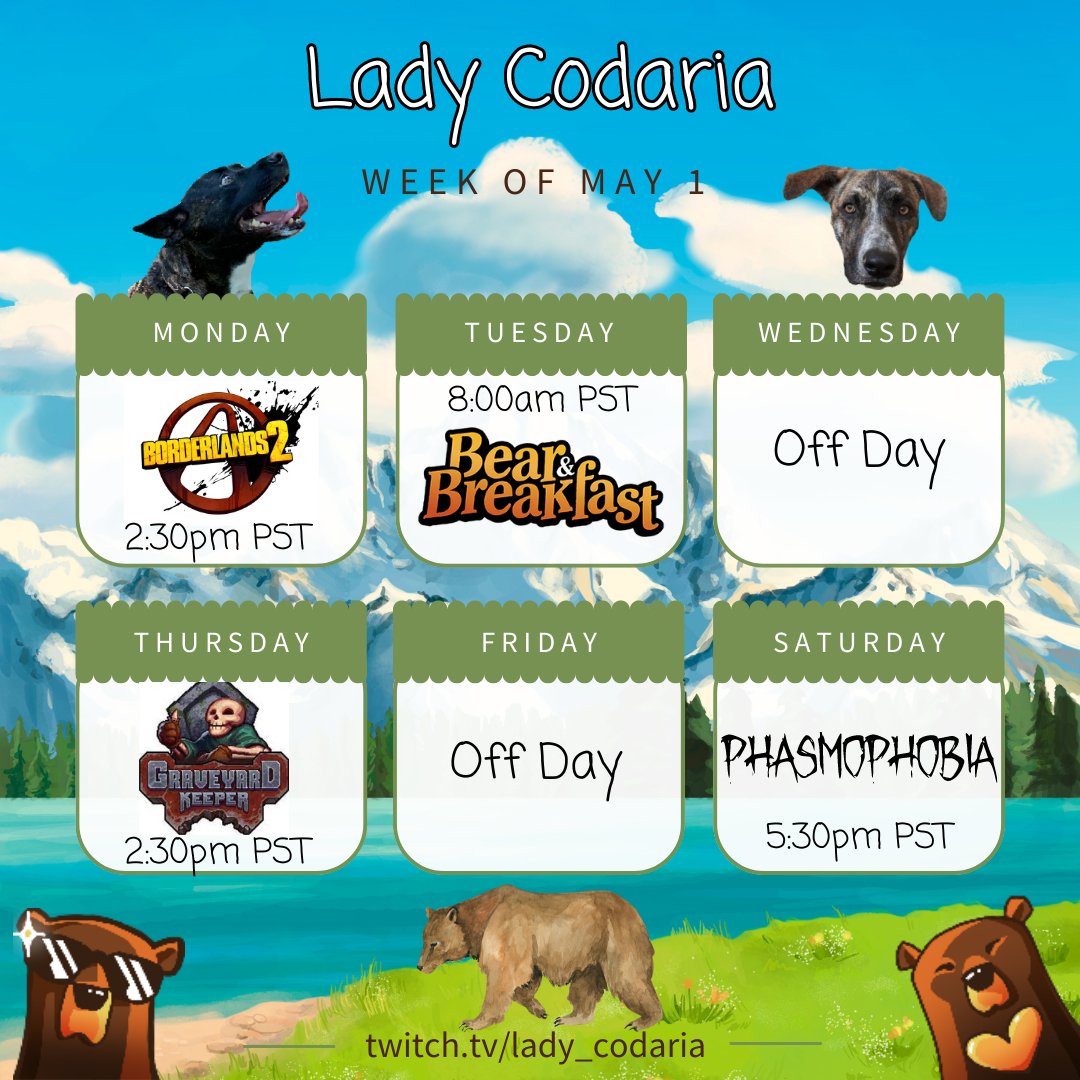 LadyCodaria's tweet image. 🐻Stream Schedule!🐻

I know my streams have been somewhat random lately.  This should help me keep to a schedule and help you guys actually know when to expect me.  Can't wait to hang out with everyone!

#twitch #smallstreamer #streamschedule