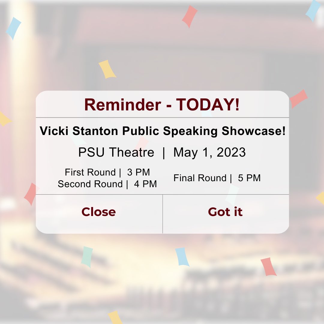 MSU COM DEPT (@msucomdept) on Twitter photo REMINDER!🚨 Today is the day!! Good luck to all <a href="/msuvspss/">Missouri State VSPSS</a> contestants, you will do great!✨💭
Doors for the final round open at 5 PM & speeches begin at 5:30 PM! REMINDER!🚨 Today is the day!! Good luck to all <a href="/msuvspss/">Missouri State VSPSS</a> contestants, you will do great!✨💭
Doors for the final round open at 5 PM & speeches begin at 5:30 PM!