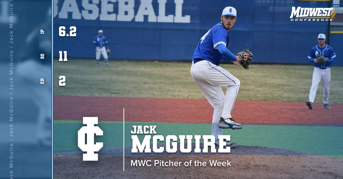 IC_Athletics's tweet photo. BB| Congratulations to Jack McGuire on being named MWC Pitcher of the Week!! McGuire led the Blueboys to a win against Knox pitching 6.2 innings recording 11 strikeouts while allowing only two earned runs. #GoBlueboys #ICAthletics https://t.co/nLErgC1kd3
