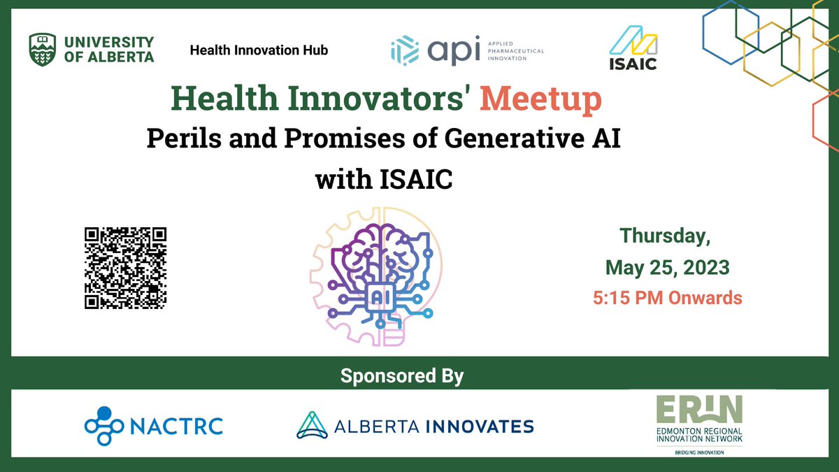 HIH_YEG's tweet photo. Right now there are fewer discussions more topical than the growth of generative AI and its pros and cons. How about its effect on the life sciences and higher education? Join us and our panel of leading experts to discuss the impact of generative AI and its perils.#yeghih https://t.co/rBjpBFUdgl
