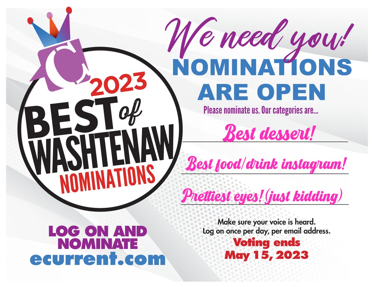 ✅ WILL YOU NOMINATE US?✅ We would LOVE to win Best Dessert and/or Best Food/Drink Instagram in Washtenaw County! Would you please take a minute to nominate us? Here’s the link! ecurrent.com/best-of/best-o…