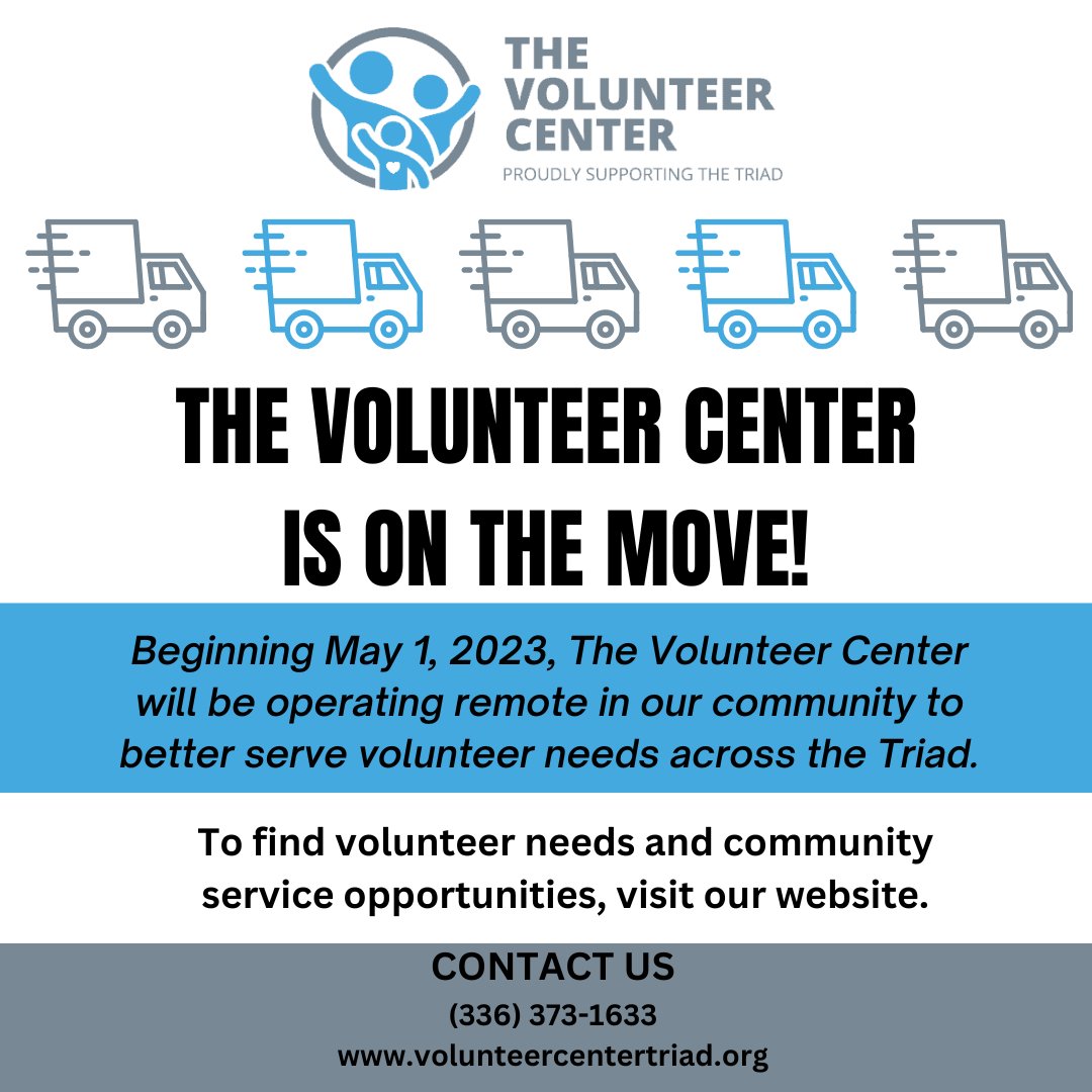 VolunteerTriad's tweet photo. The Volunteer Center is on the move! We will be operating remote in our community to better serve volunteer needs across the Triad. Local volunteer opportunities can still be found on our website here: https://t.co/eyhS2ZWTbm https://t.co/vyli2lf02x