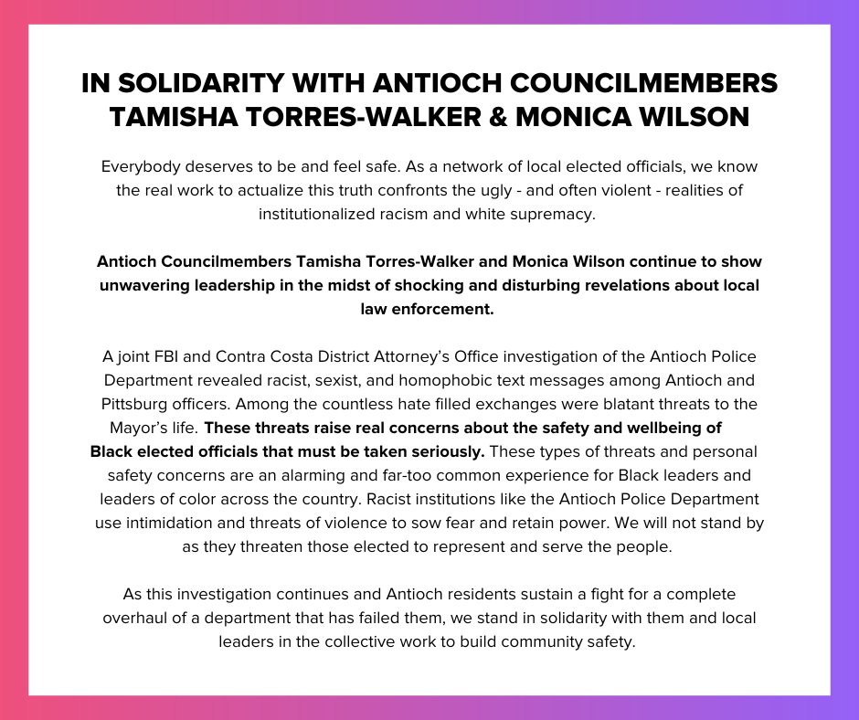 LocalProgress's tweet photo. LP leaders and Antioch Councilmembers @WilsonME68 &amp; @Tamisha4Antioch continue to show immense courage and unwavering leadership in the face of disturbing revelations about local law enforcement and serious concerns about the safety of Black elected officials.

We stand with them. https://t.co/KbREr3vGab