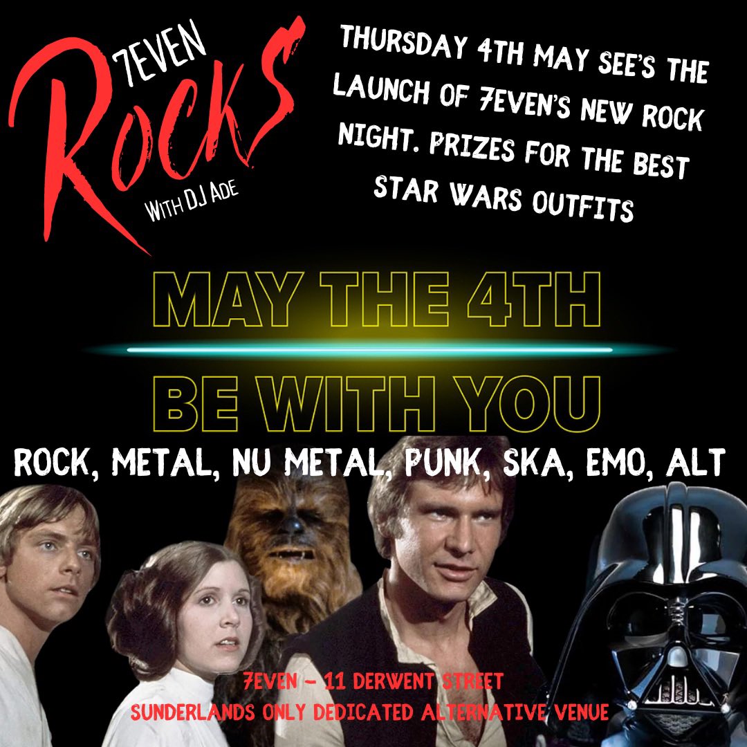 🤘🏼Thursday is the start of 7even’s new Rock Night.🤘🏼

DJ Ade will be spinning a mix of Rock, Metal, Nu Metal, Punk, Ska, Emo and Alternative tunes!

🎶Requests welcome all night long🎶

Doors 10pm till 3am

#rocknight #sunderland #MayThe4thBeWithYou