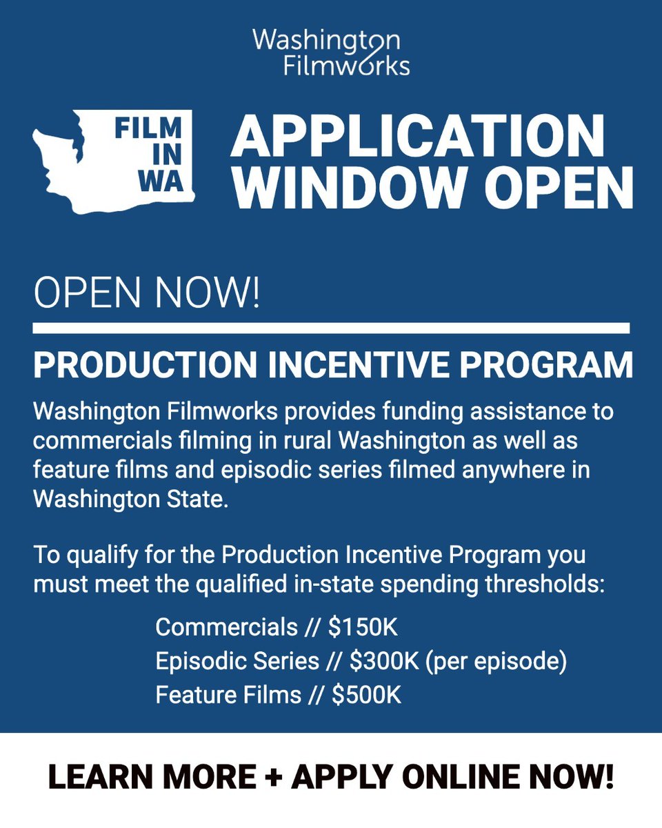 📣Washington Filmworks is now accepting applications for our Production Incentive Program. ow.ly/EKQC50O6IkG

The Small Budget Production Initiative window will be open May 15 - June 1.  Visit our website to learn more and preview the application questions in advance.