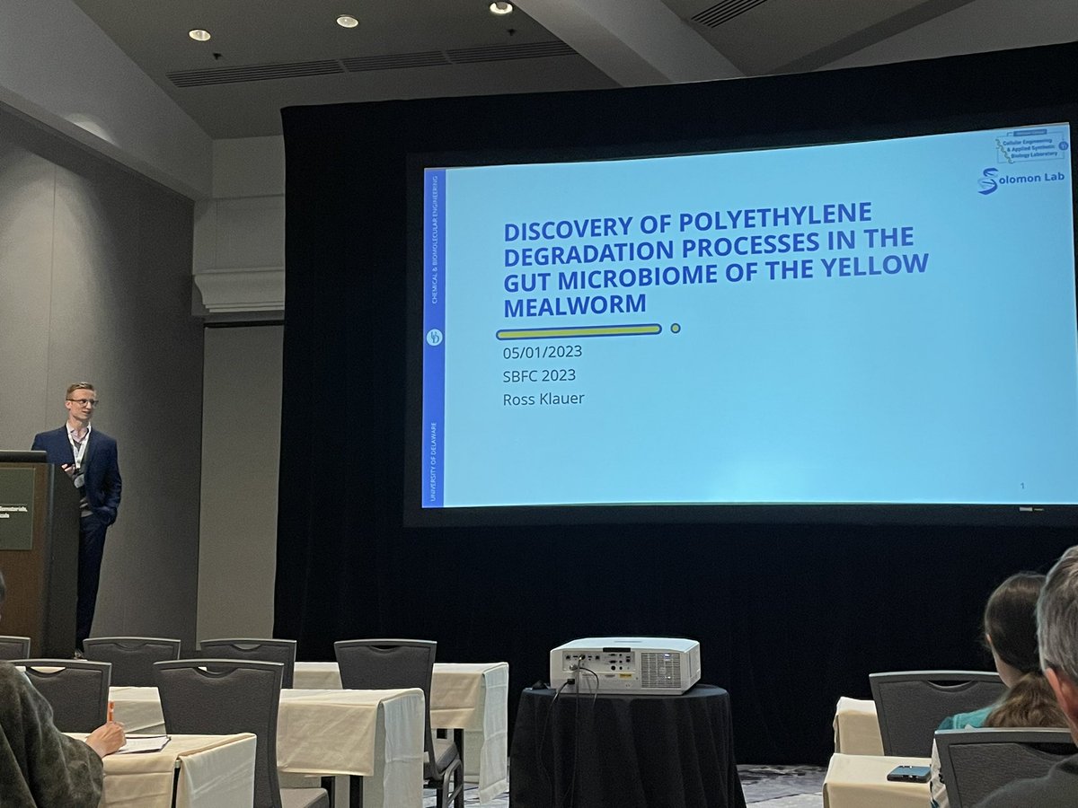 Happening now #SBFC23 <a href="/ross_klauer/">Ross Klauer</a> is speaking about plastic biodegradation by mealworm microbes. <a href="/drksolomon/">Kevin Solomon (drksolomon.bsky.social)</a> <a href="/BlennerLab/">Blenner Lab at UD</a> <a href="/UDChBE/">Delaware ChBE</a>
