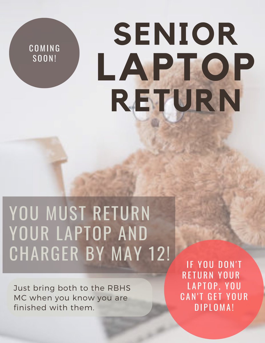 Here we go, seniors!  When you're finished using your CPS laptop, return it to the Media Center.  Don't forget to return your calculators, books, and textbooks as well.  We need everything by May 12!  #RockBridgeRocks