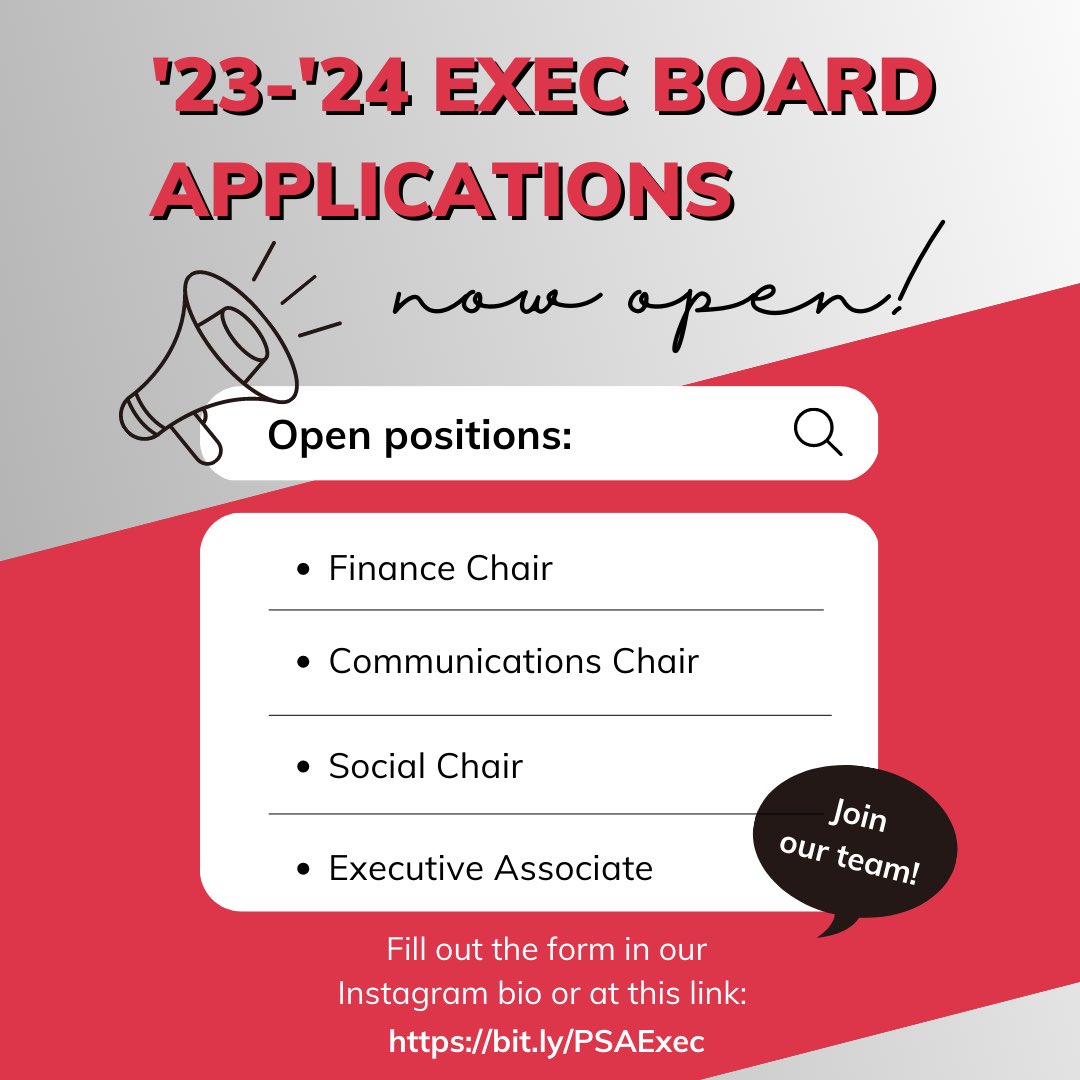 psa_badgers's tweet photo. We want YOU to join our ‘23-‘24 Executive Board! 🦡⚖️🤩

We’re looking for a Finance Chair, Communications Chair, Social Chair, and two Executive Associates! 

If you’re interested, please fill out the form below! 

https://t.co/jjFM5h6VKS https://t.co/8ji4oHUpPt